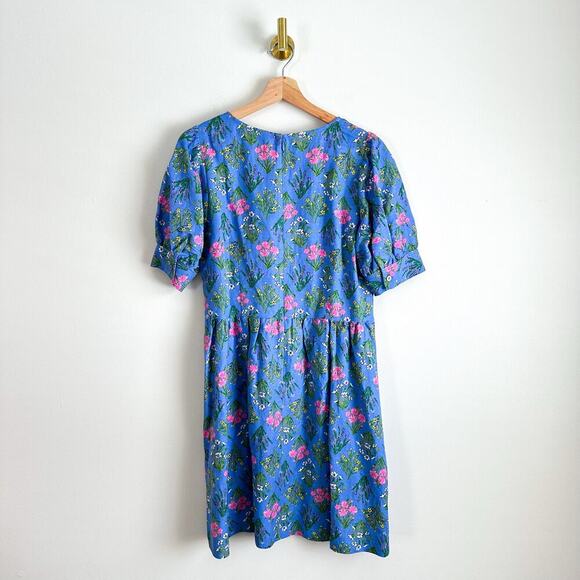 Loft Floral Print Scoop Neck Puff Sleeve Mini Dress Blue 6 - Picture 2 of 10
